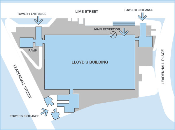 The map shows the Lloyd’s building and the surrounding roads with each of the entrances marked. Tower 5 entrance is located on Leadenhall Street, Tower 1 entrance is on the corner of Lime street and Leadenhall Street, with ramp access from Leadenhall Street. The main reception and tower 3 entrance are located on Lime Street. 