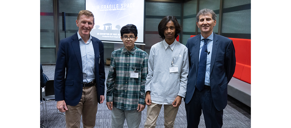 Image of our competition winners with astronaut Time Peake and exhibition artist Max Alexander